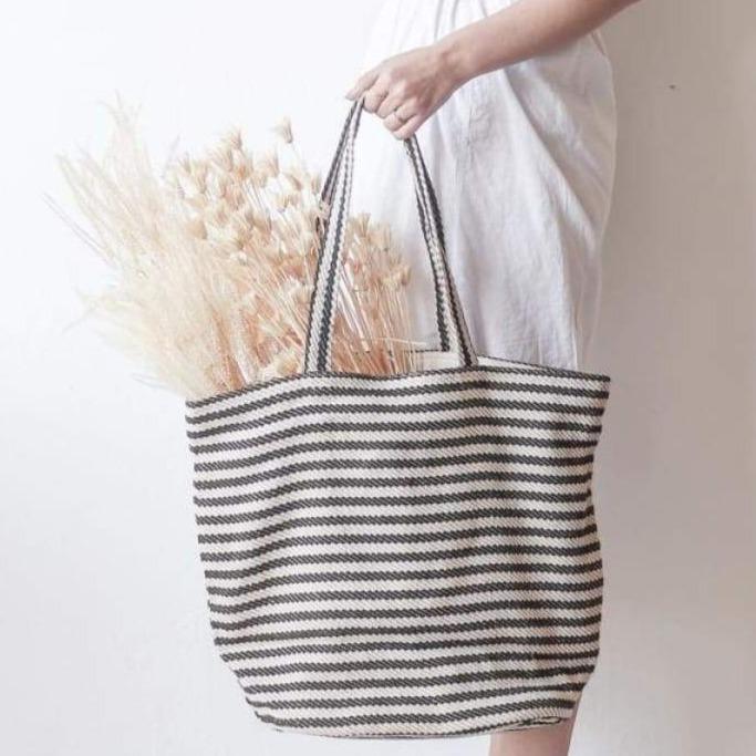 Striped Cotton Tote - elsie green - Decor
